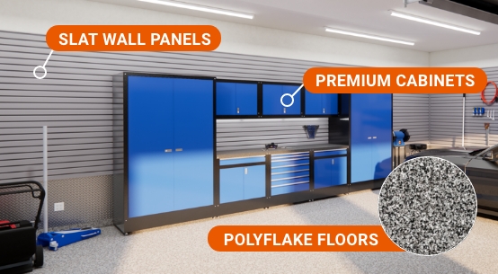 garage renovation image calling out slat wall panels, premium cabinets in blue and black, and poly flake floors