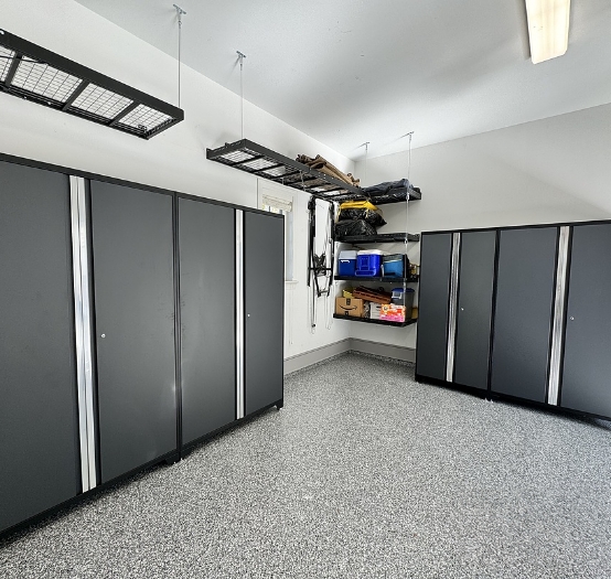 Fully renovated garage in Chesterfield with custom storage and flooring